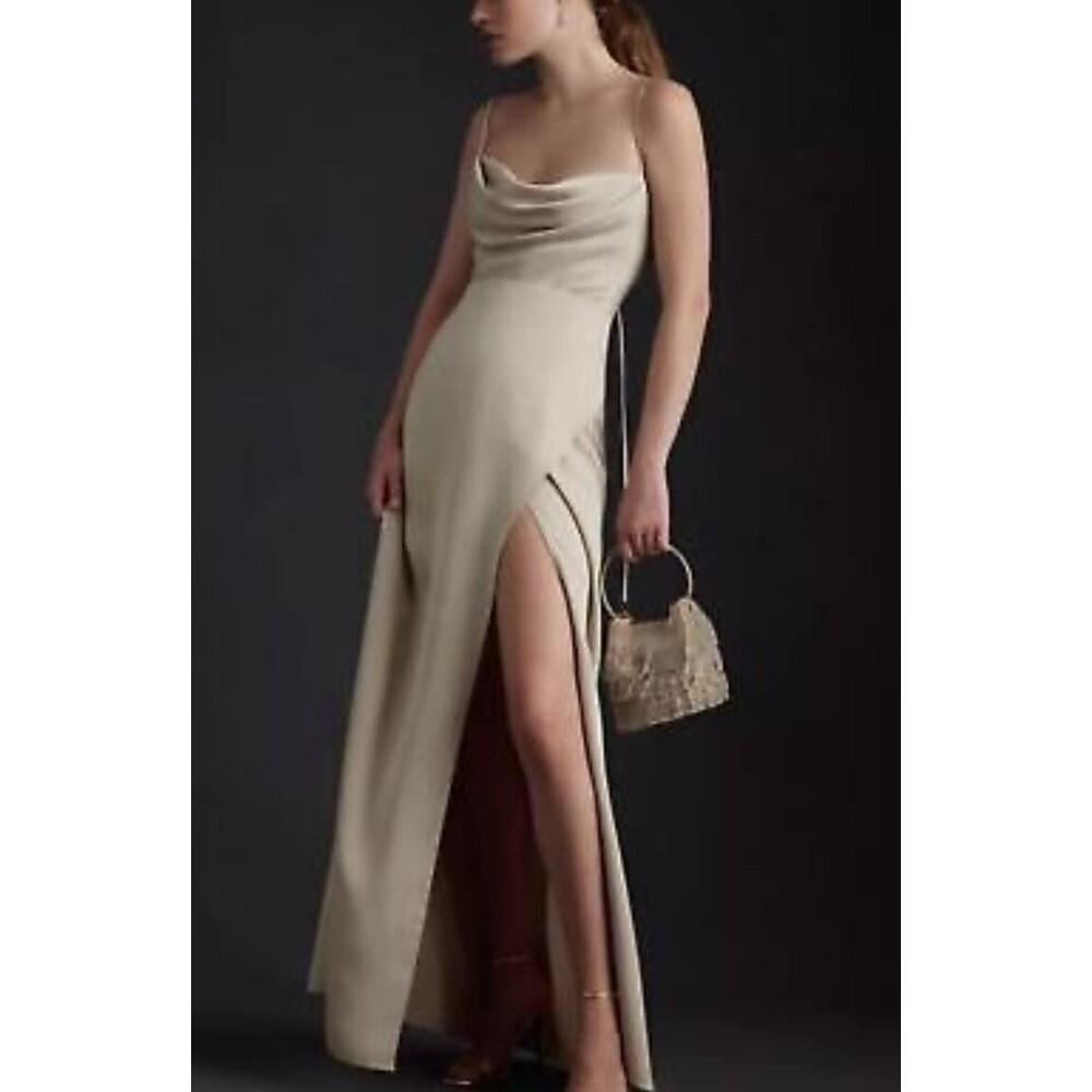 NWT BHLDN Anthropologie Remy Cowl Faux-Wrap Satin Gown Champagne Beige Dress 8